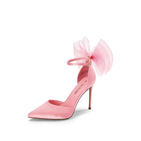 Silky Pointed Toe Bow Stiletto Heel Pumps - PINK -  0