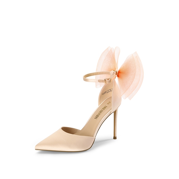 Silky Pointed Toe Bow Stiletto Heel Pumps - NUDE -  0