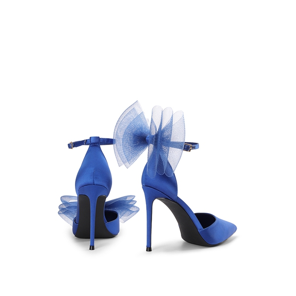 Silky Pointed Toe Bow Stiletto Heel Pumps - BLUE - 4
