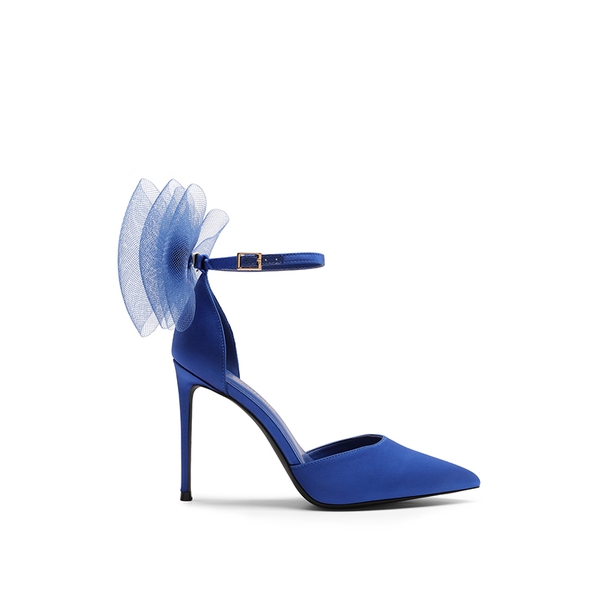 Silky Pointed Toe Bow Stiletto Heel Pumps - BLUE - 2