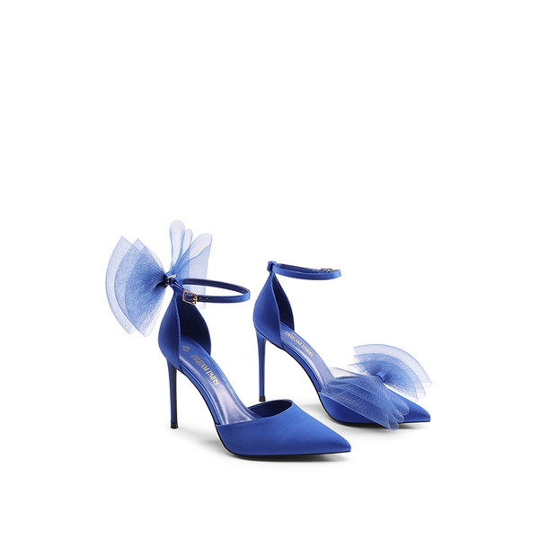 Silky Pointed Toe Bow Stiletto Heel Pumps - BLUE - 3