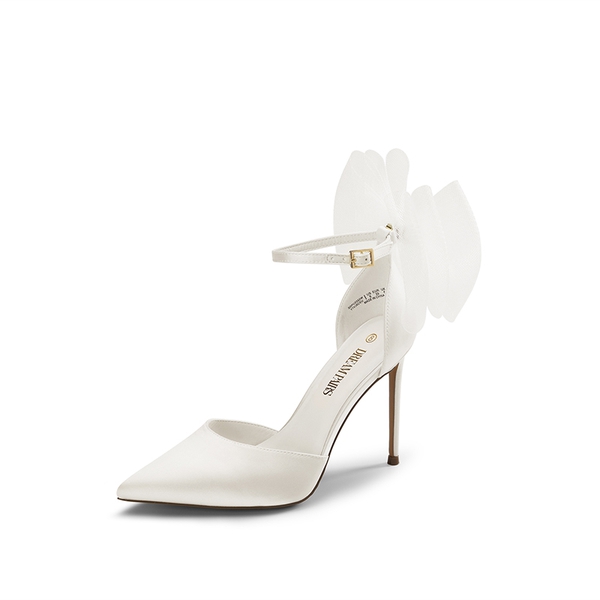 Silky Pointed Toe Bow Stiletto Heel Pumps - WHITE -  0