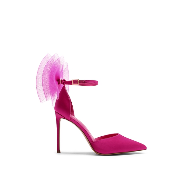Silky Pointed Toe Bow Stiletto Heel Pumps - HOT PINK - 2