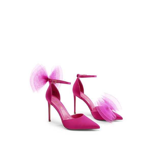 Silky Pointed Toe Bow Stiletto Heel Pumps - HOT PINK - 3