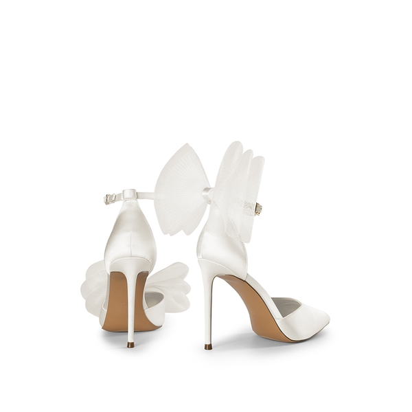 Silky Pointed Toe Bow Stiletto Heel Pumps - WHITE - 4