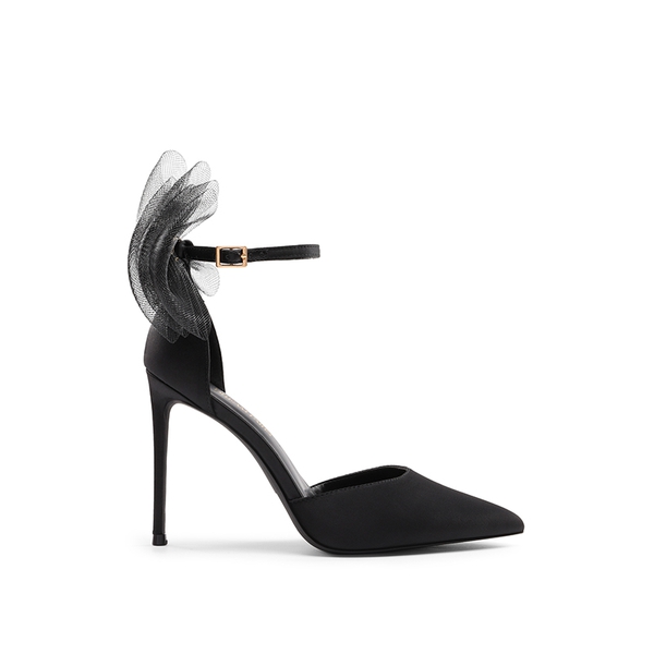 Silky Pointed Toe Bow Stiletto Heel Pumps - BLACK - 2