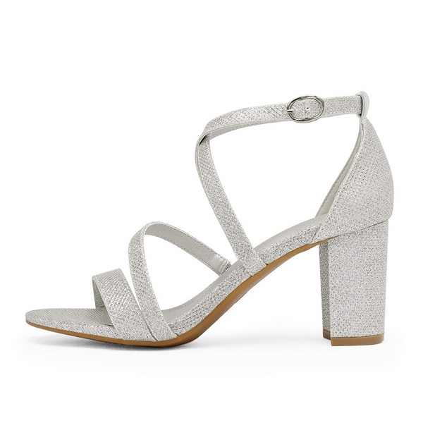 Wide Width Dressy Chunky Strappy Sandals - SILVER-GLITTER - 1