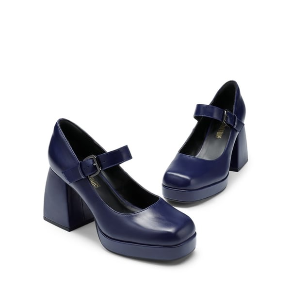 Square Toe Mary Jane Platform Pumps - NAVY PU - 3