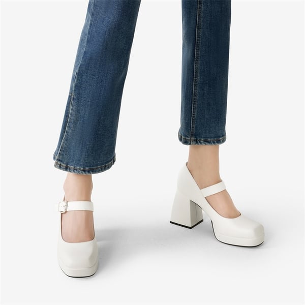 Square Toe Mary Jane Platform Pumps - WHITE PU - 1