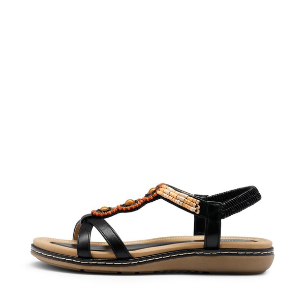 Elastic Ankle Strap Bohemian Flat Sandals - BLACK PU - 2