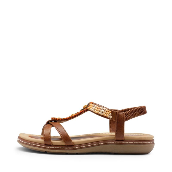 Elastic Ankle Strap Bohemian Flat Sandals - BROWN PU - 2