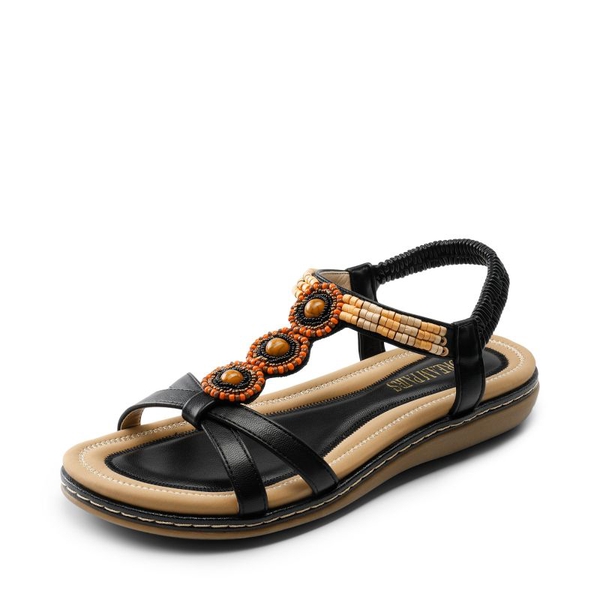 Elastic Ankle Strap Bohemian Flat Sandals - BLACK PU -  0