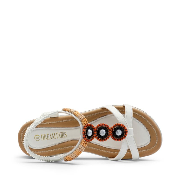 Elastic Ankle Strap Bohemian Flat Sandals - WHITE PU - 3