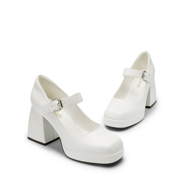 Square Toe Mary Jane Platform Pumps - WHITE PU - 3