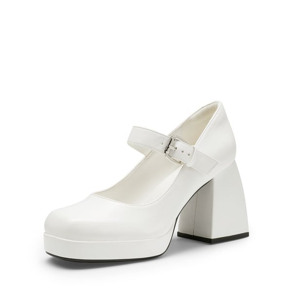 WHITE PU Square-Toe Mary Jane Block Platform Pumps -Dream Pairs
