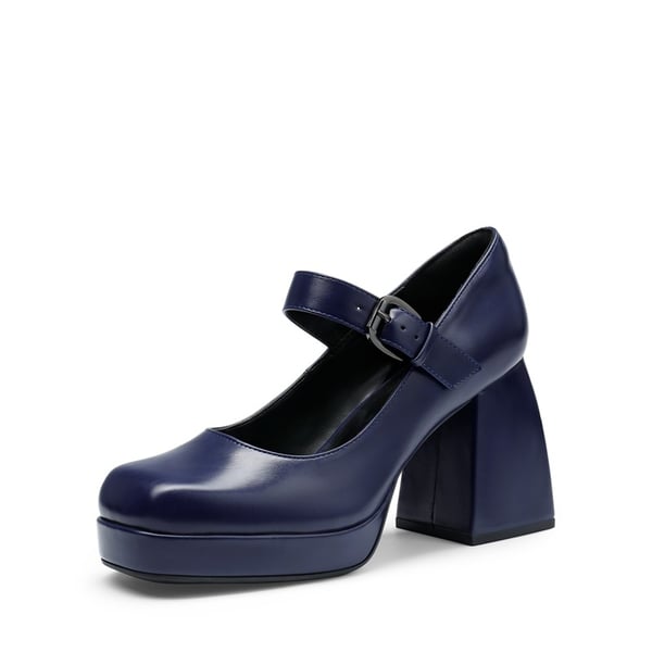 Square Toe Mary Jane Platform Pumps - NAVY PU -  0