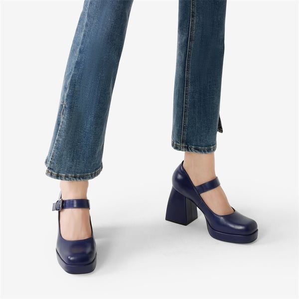 Square Toe Mary Jane Platform Pumps - NAVY PU - 1