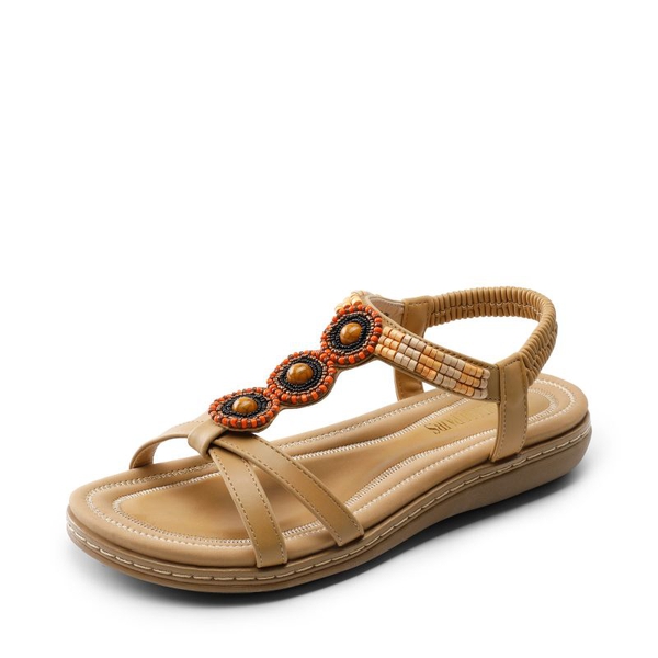Elastic Ankle Strap Bohemian Flat Sandals - NUDE PU -  0