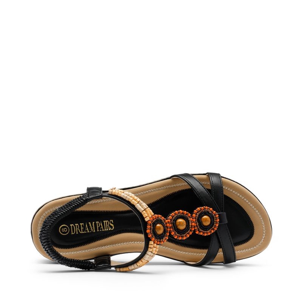 Elastic Ankle Strap Bohemian Flat Sandals - BLACK PU - 3