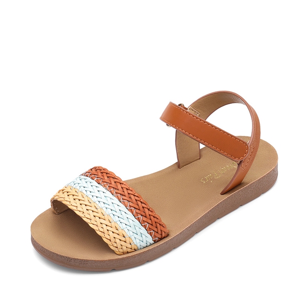 Girls Strap Braided Flat Sandals - BROWN -  0