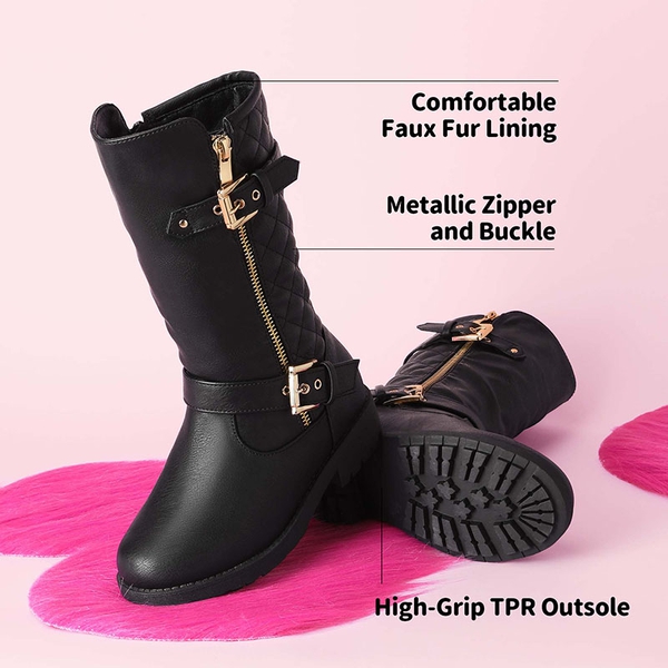 Girls Faux Winter Riding Boots - BLACK - 3