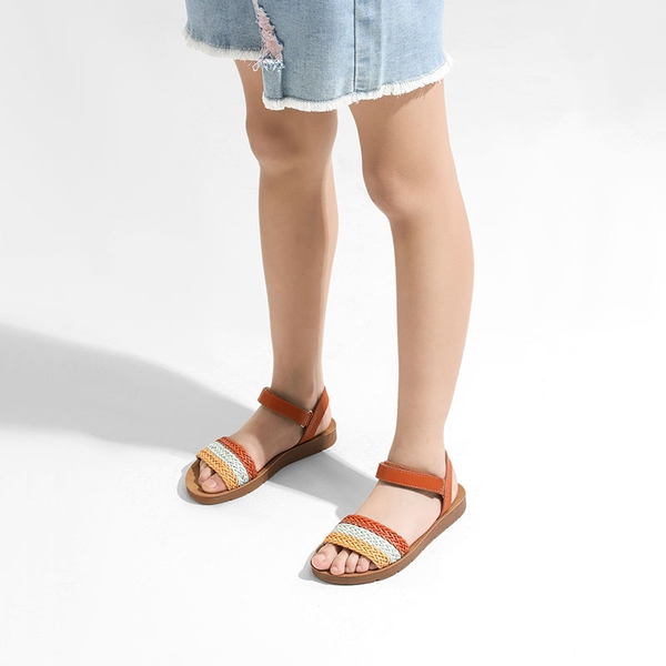 Girls Strap Braided Flat Sandals - BROWN - 5