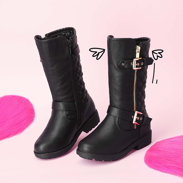 Girls Faux Winter Riding Boots - BLACK - 1