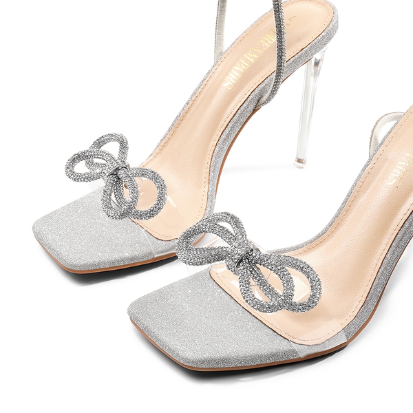 Rhinestone Double Bow Stiletto Heels - SILVER - 4