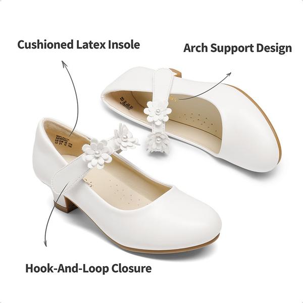 Girls Flower Mary Jane Low Heels - WHITE - 3