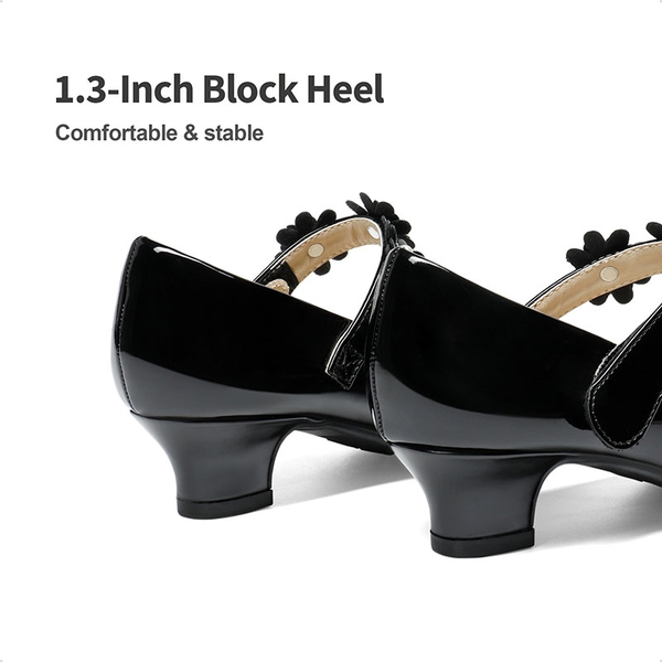 Girls Flower Mary Jane Low Heels - BLACK - 4