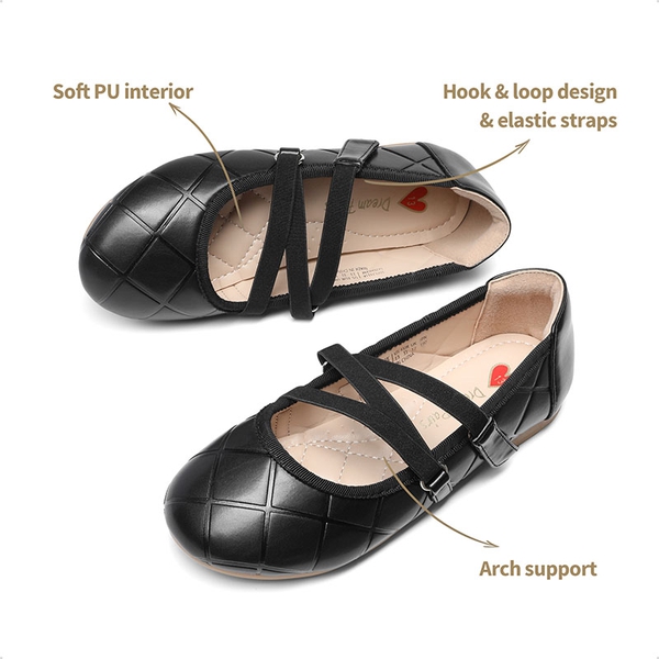 Girls Stitched Detail Elastic Crossover Straps Flats - BLACK - 3