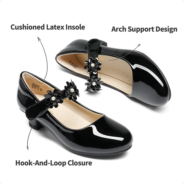 Girls Flower Mary Jane Low Heels - BLACK - 3
