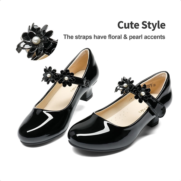 Girls Flower Mary Jane Low Heels - BLACK - 2