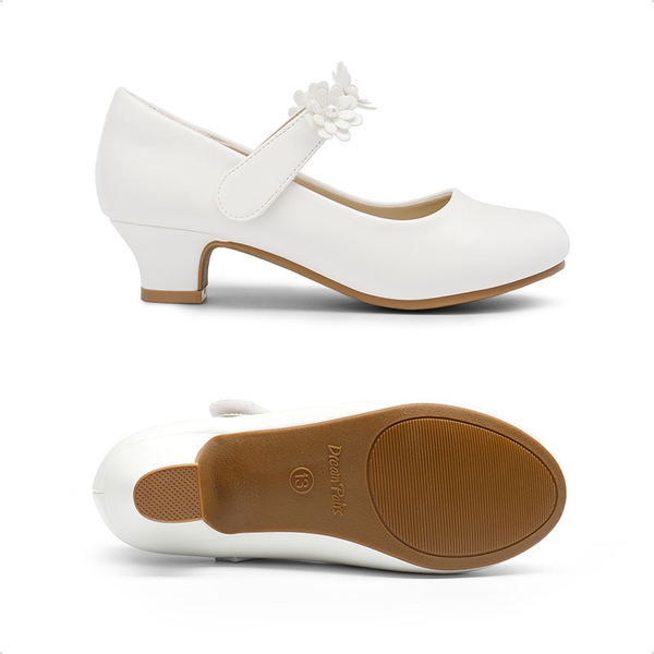 Girls Flower Mary Jane Low Heels - WHITE - 1