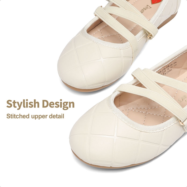 Girls Stitched Detail Elastic Crossover Straps Flats - IVORY - 2