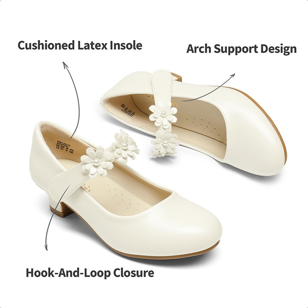 Girls Flower Mary Jane Low Heels - IVORY - 3