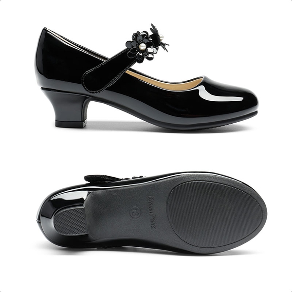 Girls Flower Mary Jane Low Heels - BLACK - 1