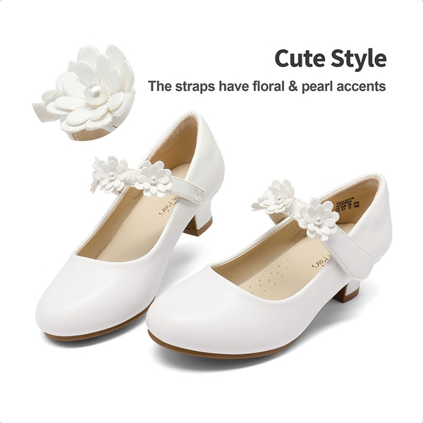 Girls Flower Mary Jane Low Heels - WHITE - 2