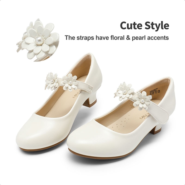 Girls Flower Mary Jane Low Heels - IVORY - 2