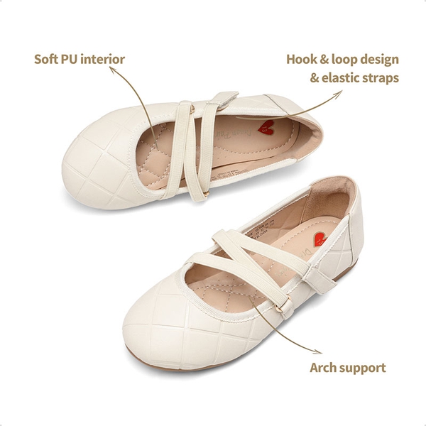 Girls Stitched Detail Elastic Crossover Straps Flats - IVORY - 3