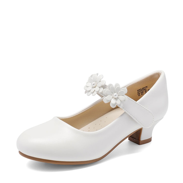 Girls Flower Mary Jane Low Heels - WHITE -  0