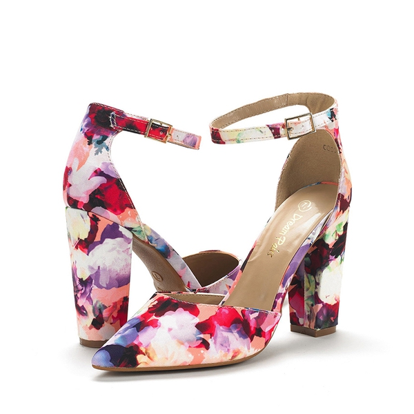 Pointed Toe Chunky Heel Pumps - FLORAL - 5
