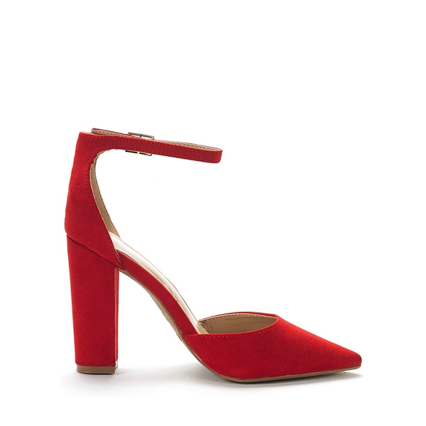 Pointed Toe Chunky Heel Pumps - RED SUEDE - 2