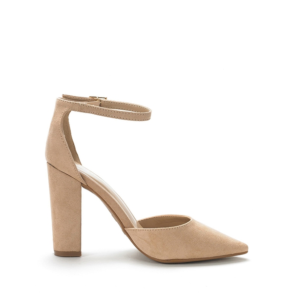 Pointed Toe Chunky Heel Pumps - NUDE SUEDE - 2