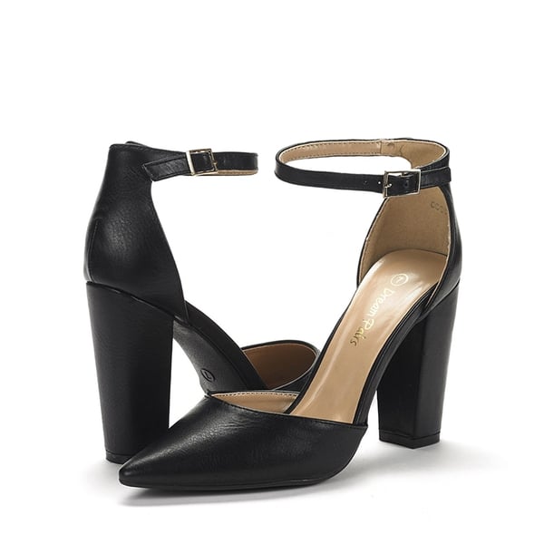 Pointed Toe Chunky Heel Pumps - BLACK PU - 5