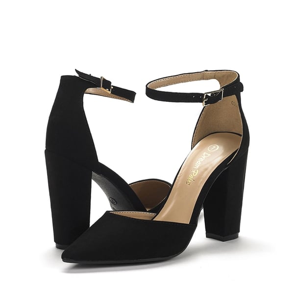 Pointed Toe Chunky Heel Pumps - BLACK SUEDE - 5
