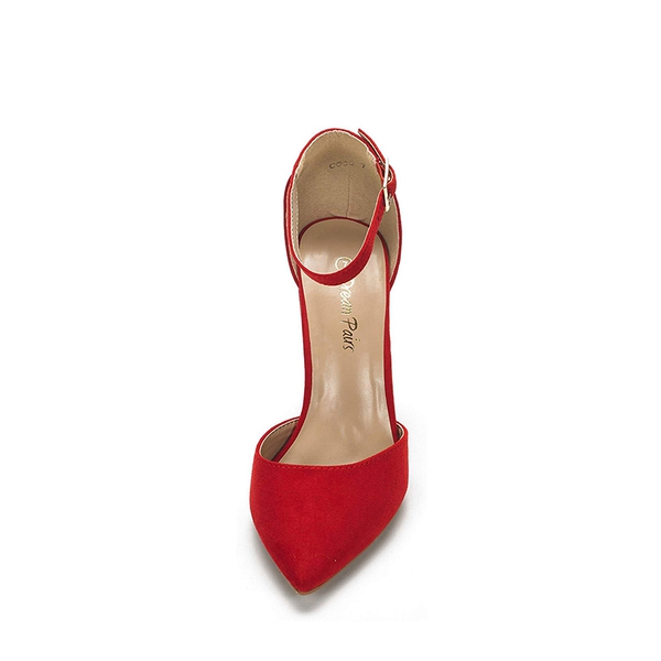 Pointed Toe Chunky Heel Pumps - RED SUEDE - 3