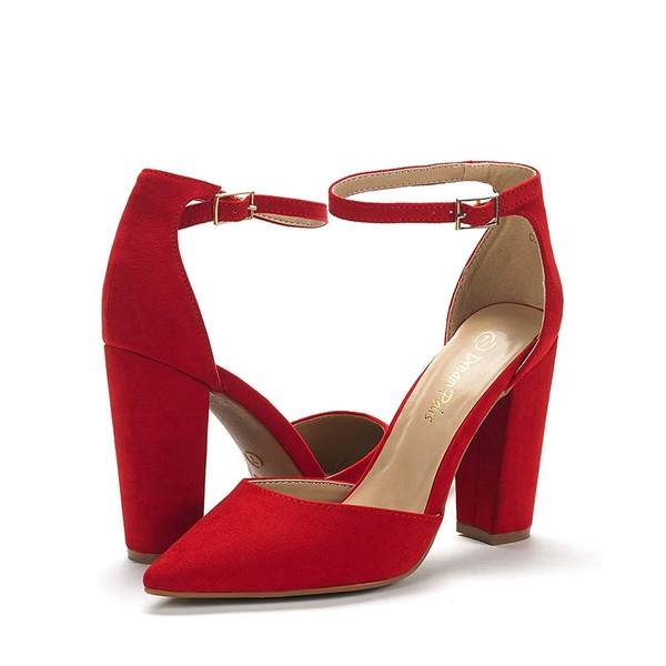 Pointed Toe Chunky Heel Pumps - RED SUEDE - 5