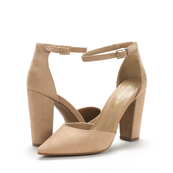 Pointed Toe Chunky Heel Pumps - NUDE SUEDE - 5