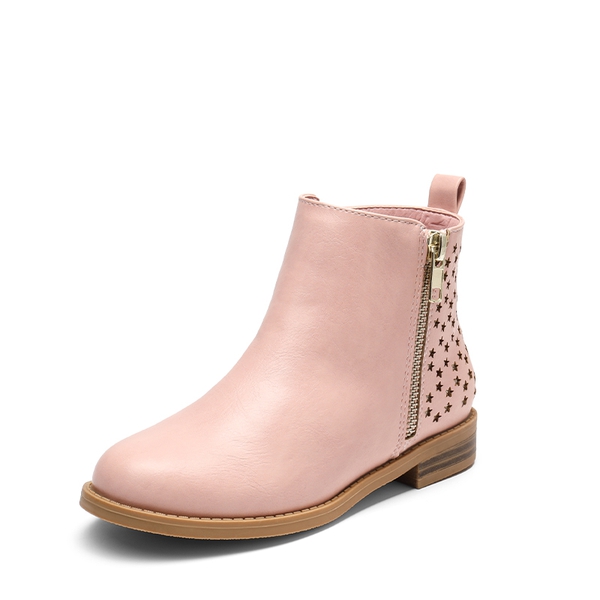 Kids Side Zipper Low Heel Ankle Boots - PINK PU -  0